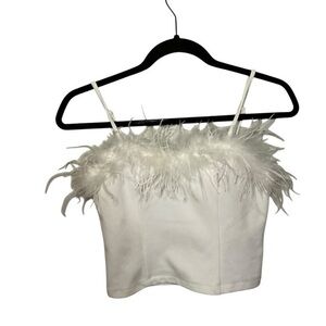 White Feather Trim Spaghetti Strap Crop Top